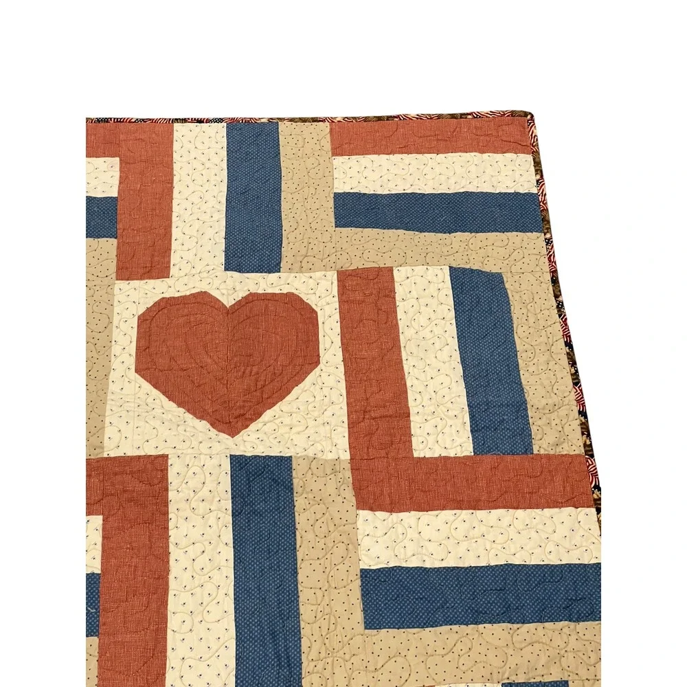 Vintage Patriotic Patchwork Quilt Reversible Americana Heart Twin Topper 69x50